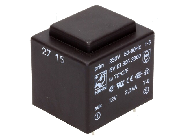 Transformator: ingegoten; 2,3VA; 230VAC; 12V; 192mA; PCB; BVEI Transformator: ingegoten; 2,3VA; 230VAC; 12V; 192mA; PCB; BVEI